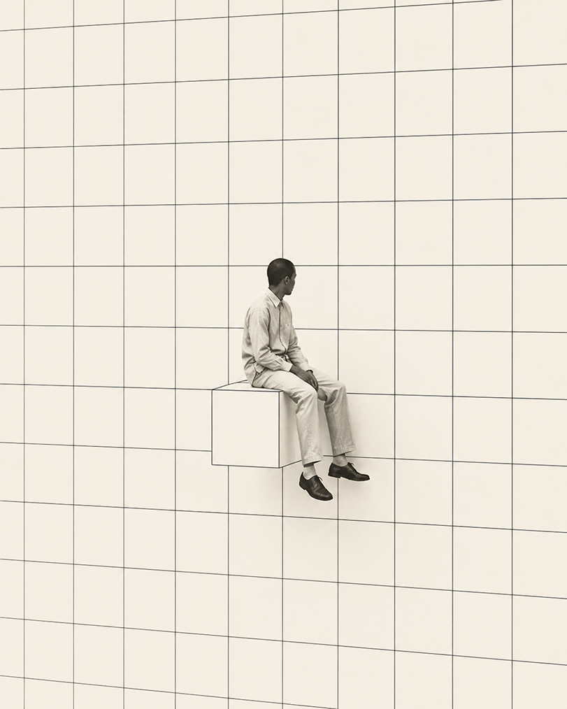 Rasterillustration: sitzende Person auf einem schwebenden Würfel