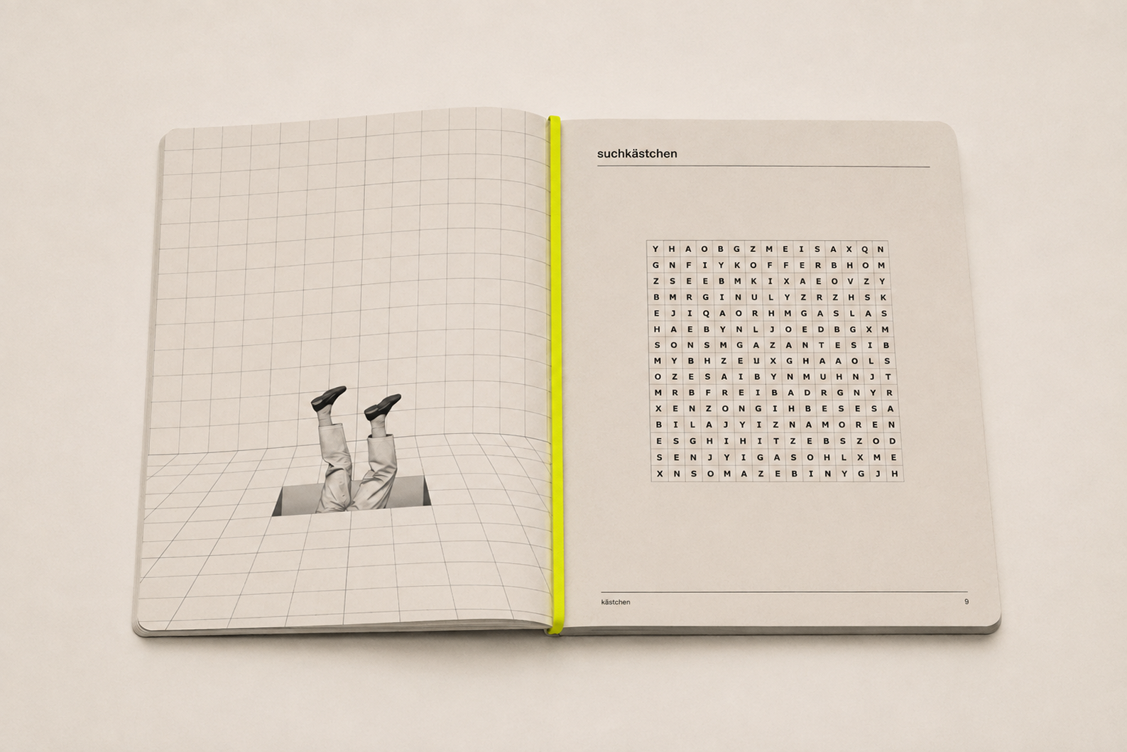 Doppelseite Suchkästchen mit Rasterillustration und Suchrätsel