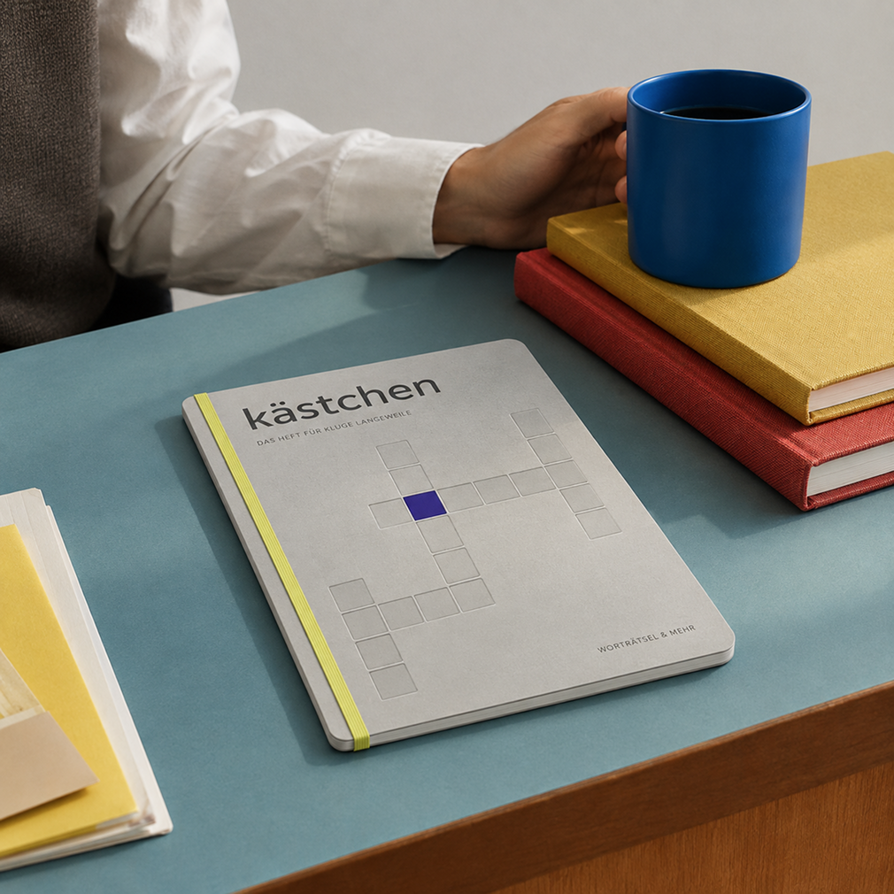 kästchen auf einem blauen Tisch neben Büchern und einer Tasse